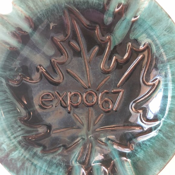 VTG Expo 67 BMP Canada Drip Glazed Green Brown Ruffled Ashtray Candy Dish - Picture 2 of 8